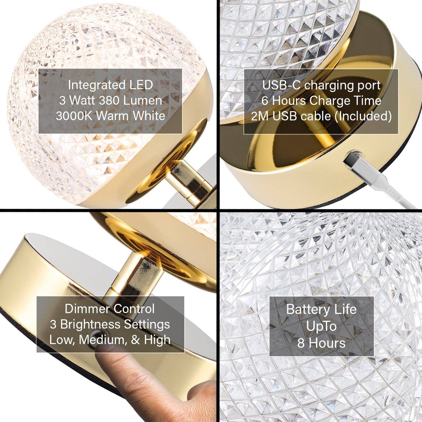 Modern Gold Rechargeable Touch Dimmable Table Lamp with Patterned Glass Shade