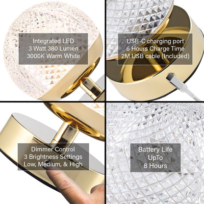 Modern Gold Rechargeable Touch Dimmable Table Lamp with Patterned Glass Shade
