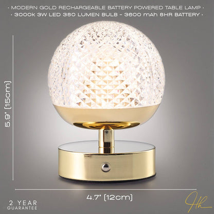 Modern Gold Rechargeable Touch Dimmable Table Lamp with Patterned Glass Shade