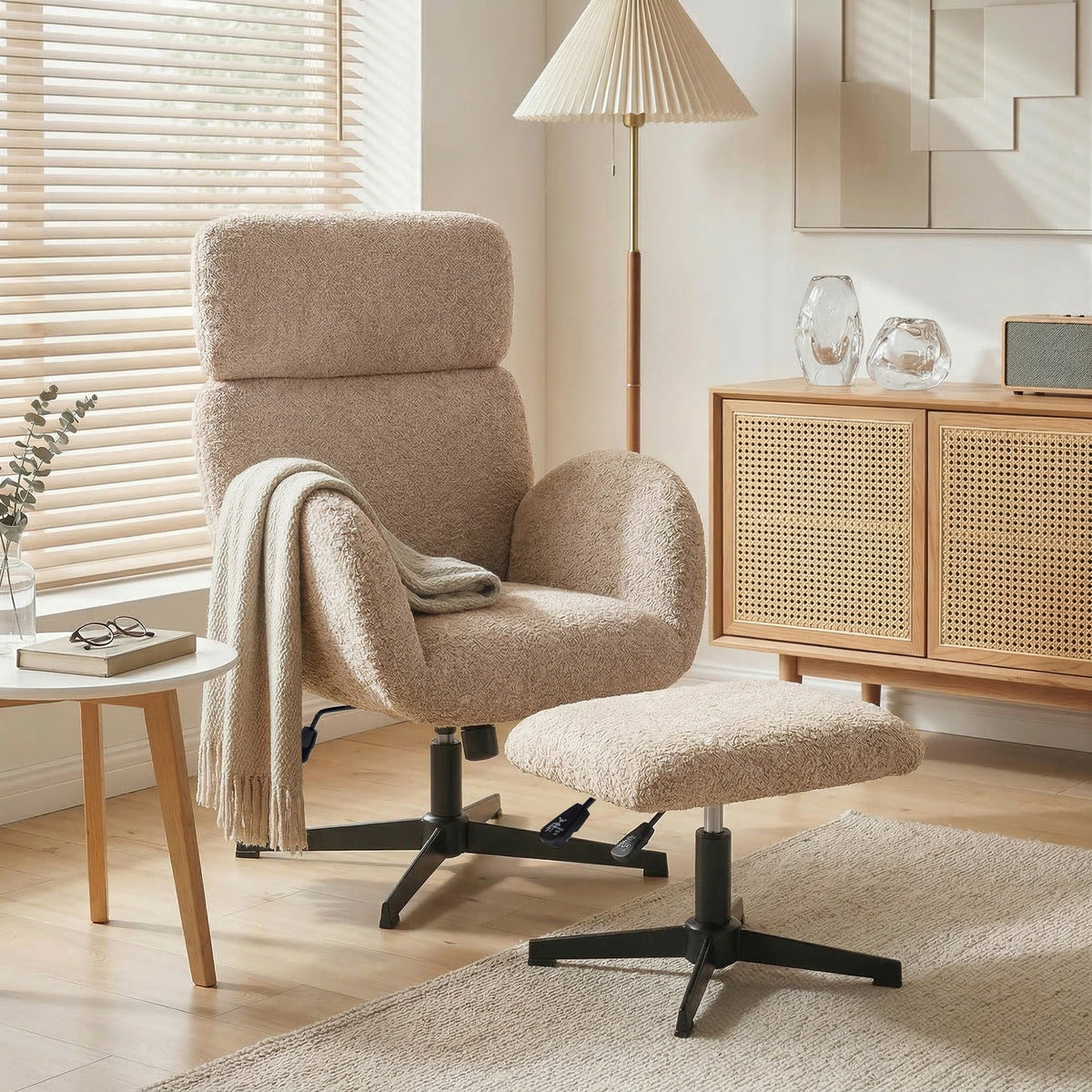 HOMCOM Swivel Armchair and Footstool Set, Height Adjustable Accent Chair with Adjustable Headrest, Rocking Function, Light Brown