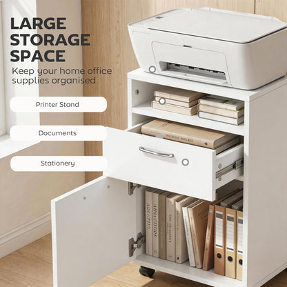 HOMCOM Filing Cabinet, Mobile File Cabinet with 2 Lockable Drawers, Office Home Organiser on Wheels for A4, Letter-Size File Folders, Mobile Printer with Open Shelf, White