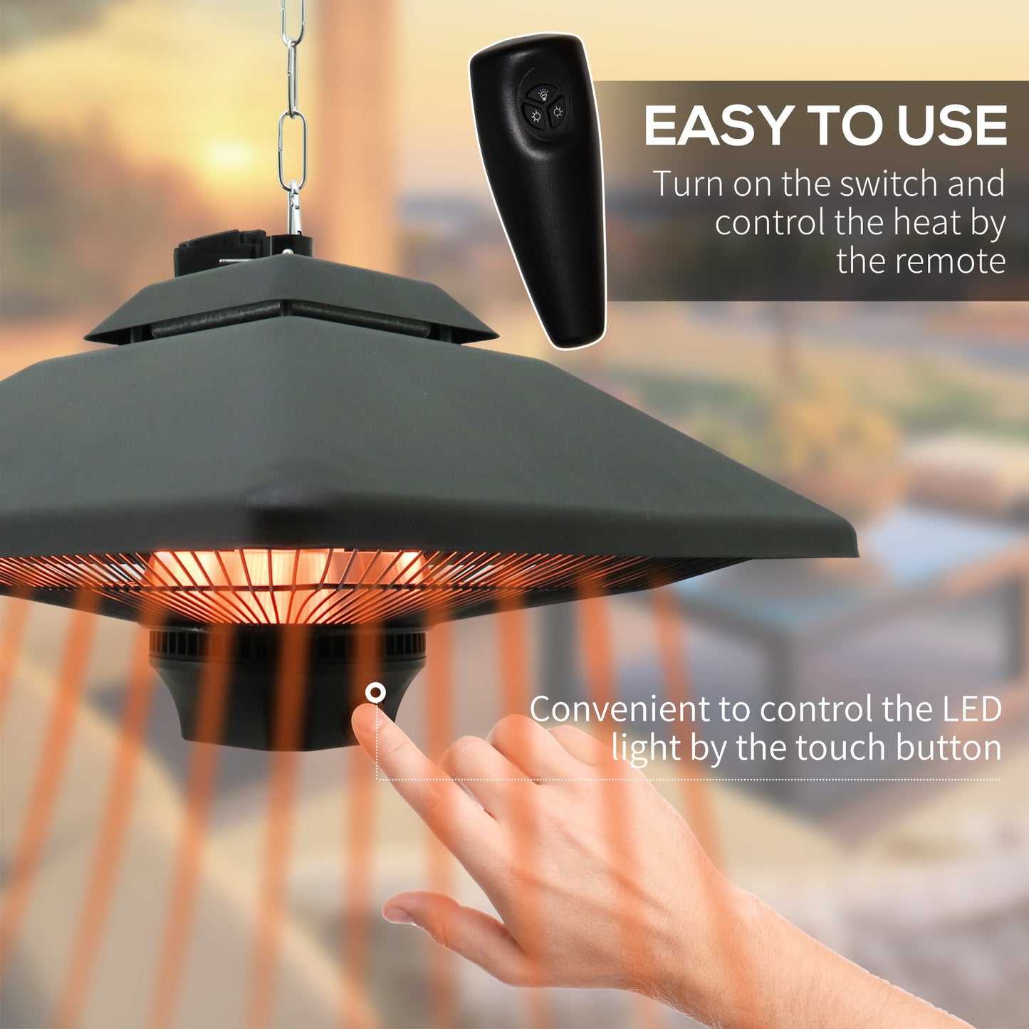 Outsunny Hanging Electric Patio Heater with 2 Power Settings, 1000/2000W Waterproof Ceiling Mounted Aluminium Halogen Infrared Outdoor Heater Warmer with LED Light and Remote Control, Black