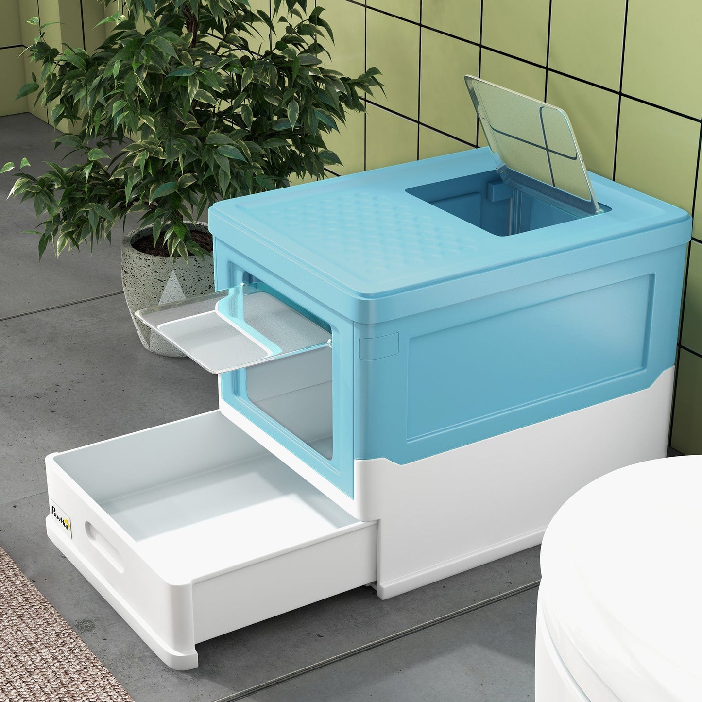 PawHut Hooded Cat Litter Box, Portable Pet Toilet, with Scoop, Front Entry - Light Blue