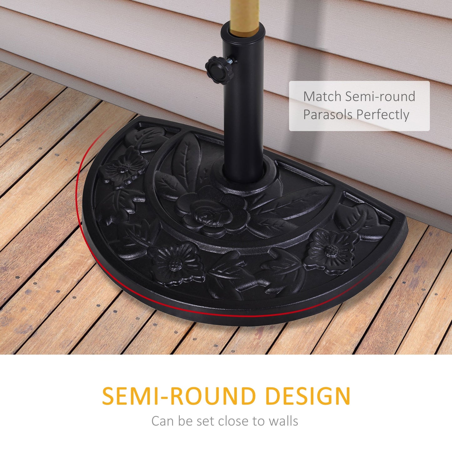 Outsunny 9kg Resin Parasol Base, Half Round Umbrella Stand with Floral Design for Garden, Outdoor, Suitable Umbrella Rod: \'ce\'a63.8cm, \'ce\'a64.8cm, Black