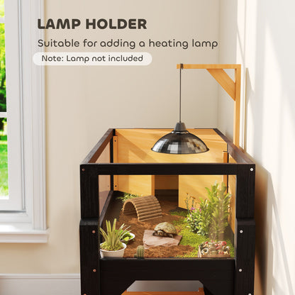 PawHut Wooden Tortoise House with Storage Shelf, Clear Observation Windows, Lamp Holder, Openable Top, Built-in Tray, Yellow