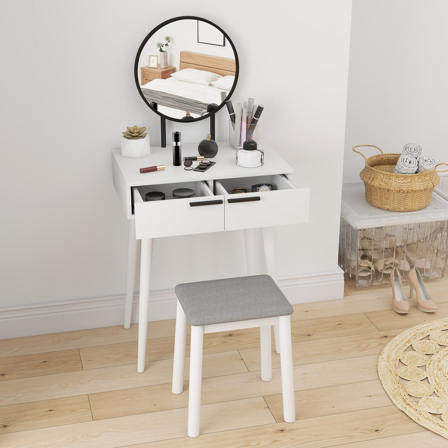 HOMCOM Dressing Table with Mirror and Stool, Vanity Makeup Desk Set with 2 Drawers, Cushioned Stool and Make-up Organiser for Bedroom and Dressing Room, 60 x 40 x 123 cm, White