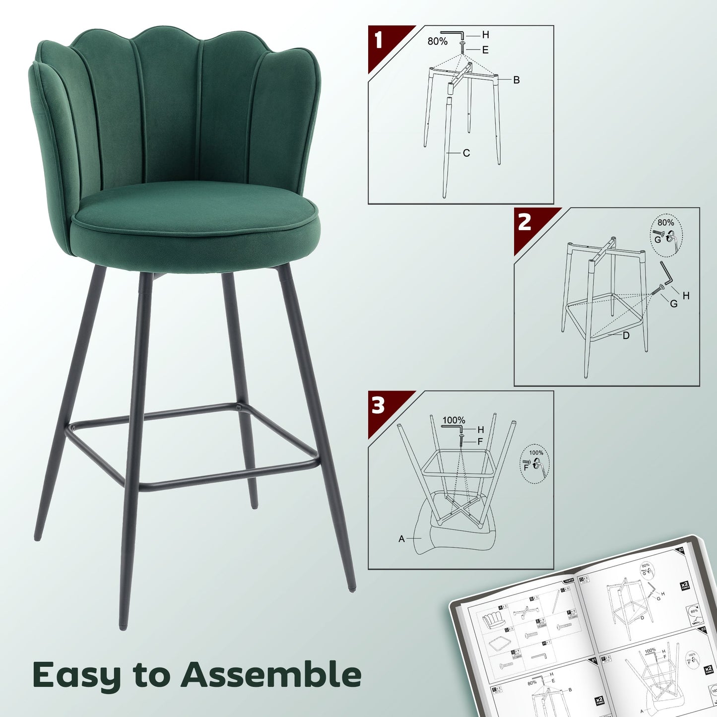 HOMCOM Set of Two Velvet-Feel Lotus Bar Stools - Dark Green
