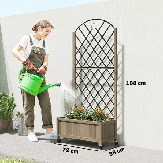 Outsunny Raised Garden Bed with Metal Trellis, Wooden Elevated Planter Box w/Lockable Wheels, Outdoor Raised Planter, Carbonised