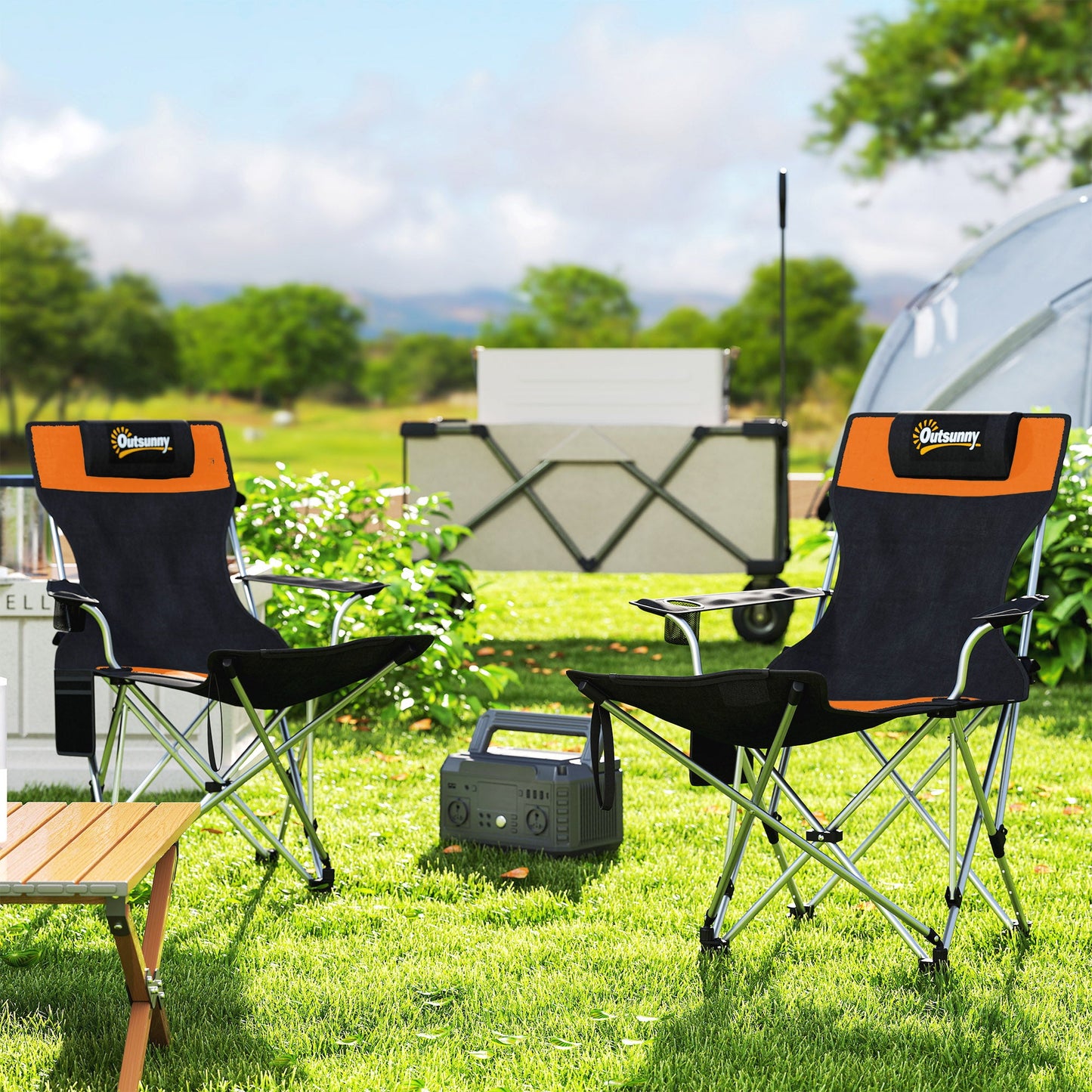 Outsunny Set of 2 Reclining Folding Camping Chair w/ Detachable Footrest, Storage Bag, Cup Holder & Headrest, Lightweight Portable Camp Chair for Beach, Picnic, Orange and Black