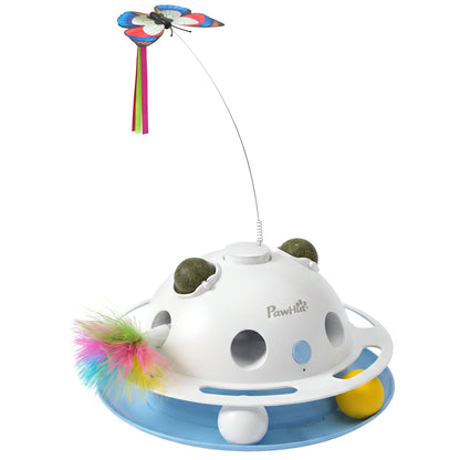 PawHut 4-in-1 Interactive Cat Toys for Indoor Cats Adult with Spinning Butterfly, Shooting Feathers & Catnip Balls