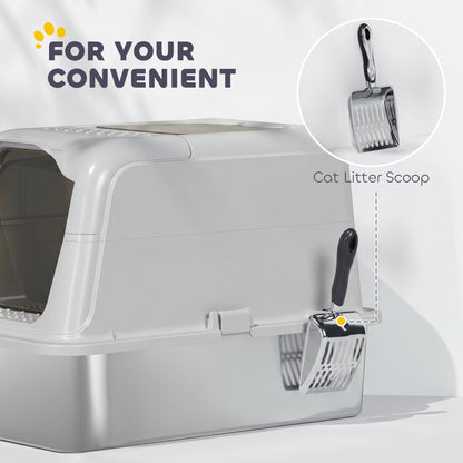 PawHut Extra Large Stainless Steel Litter Box, Enclosed Cat Litter Tray with Scoop, Deodorizer Bag, Front-Entry and Top-Exit