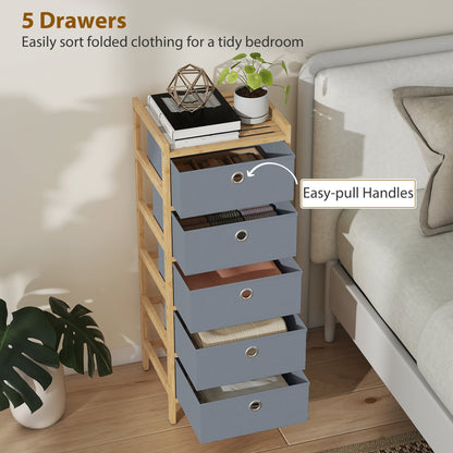 HOMCOM Chest of Drawers, 5 Fabric Drawers Narrow Dresser with Bamboo Frame, Light Grey