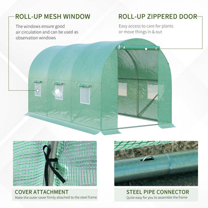 Outsunny 4 x 2 x 2 m Polytunnel Greenhouse with Roll-up Door and 6 Mesh Windows, Walk-in Garden Tunnel Warm House Tent with UV-resistant PE Cover and Galvanised Steel Frame, Green