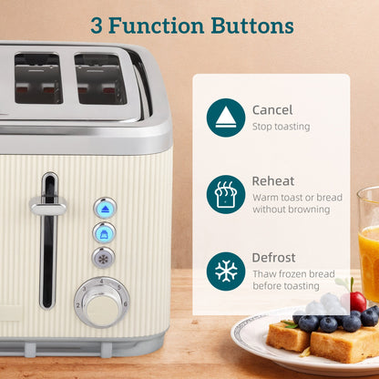 HOMCOM Electric Stainless Steel Kettle and Toaster Set, 3000W 1.7L UK Strix Thermostat Fast Boil Kettle w/ Limescale Filter, Cool Touch Body, 4 Slice Toaster with 7 Browning Levels, Crumb Tray, Cream