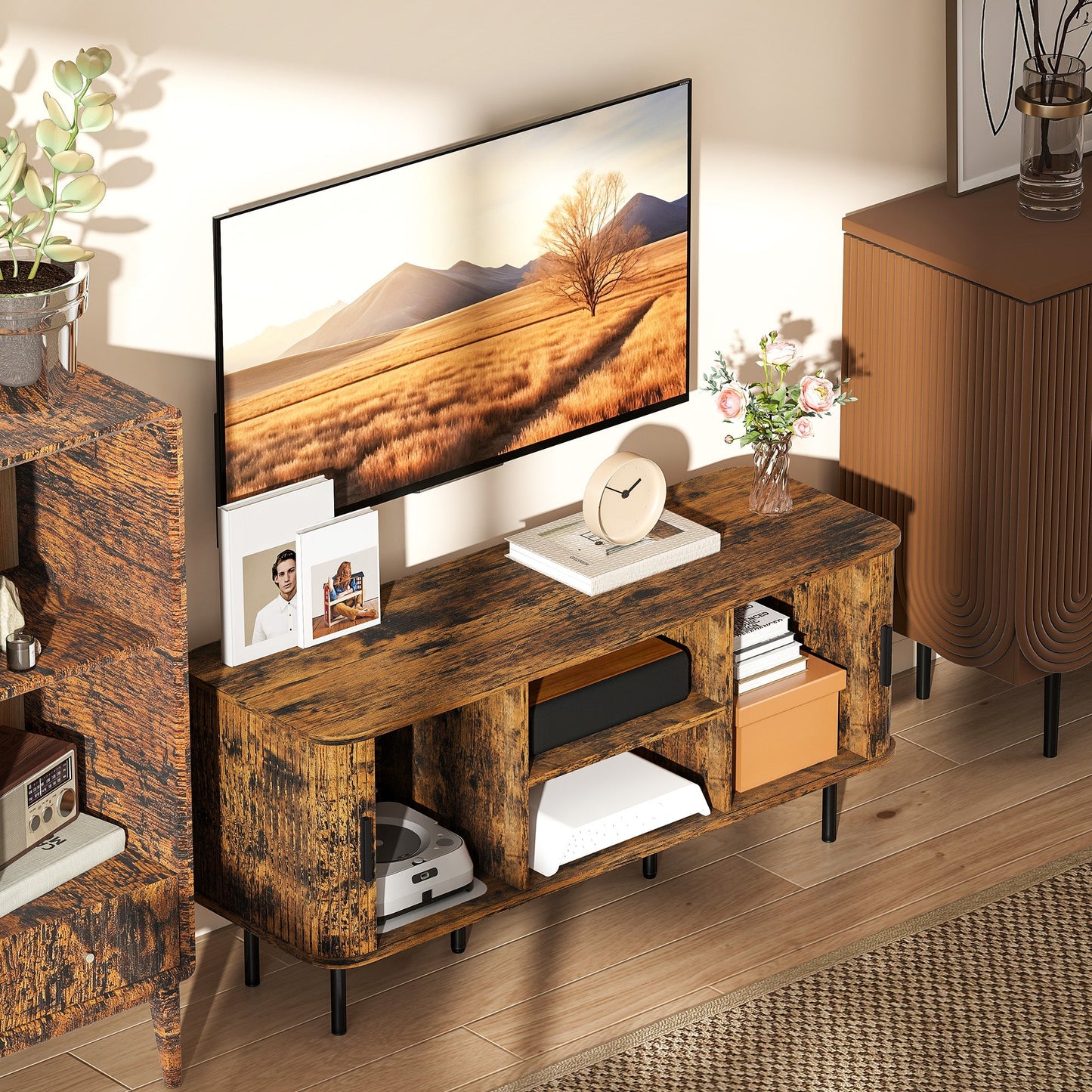HOMCOM TV Stand Cabinet for TVs up to 55 Inches, TV Unit with Storage Shelves and Cupboard for Living Room, Rustic Brown