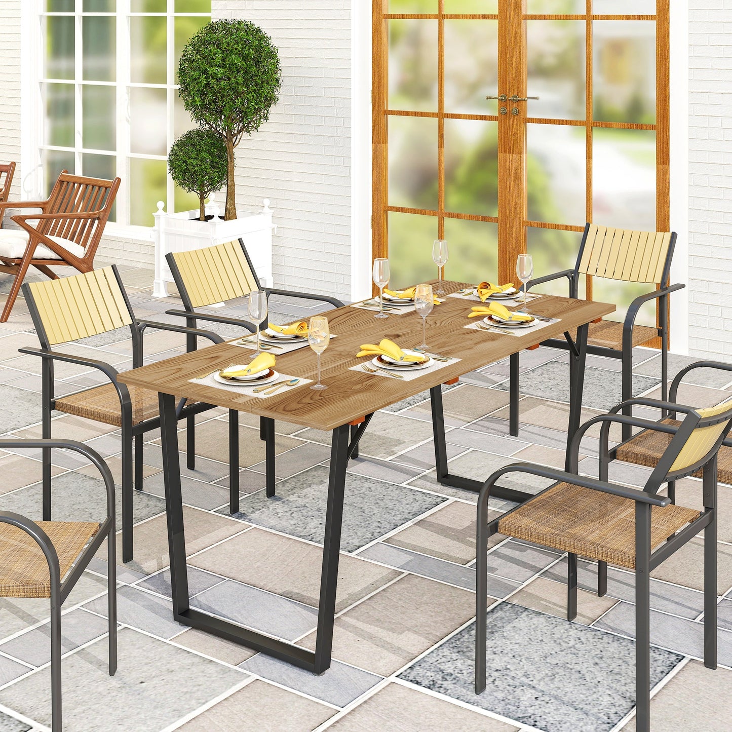 Outsunny Garden Table for 6, 175 x 80 cm Large Rectangle Outdoor Dining Table with 5cm Parasol Hole and Slatted Top, Weather Resistant Fir Wood Patio Table for Balcony, Terrace, Brown