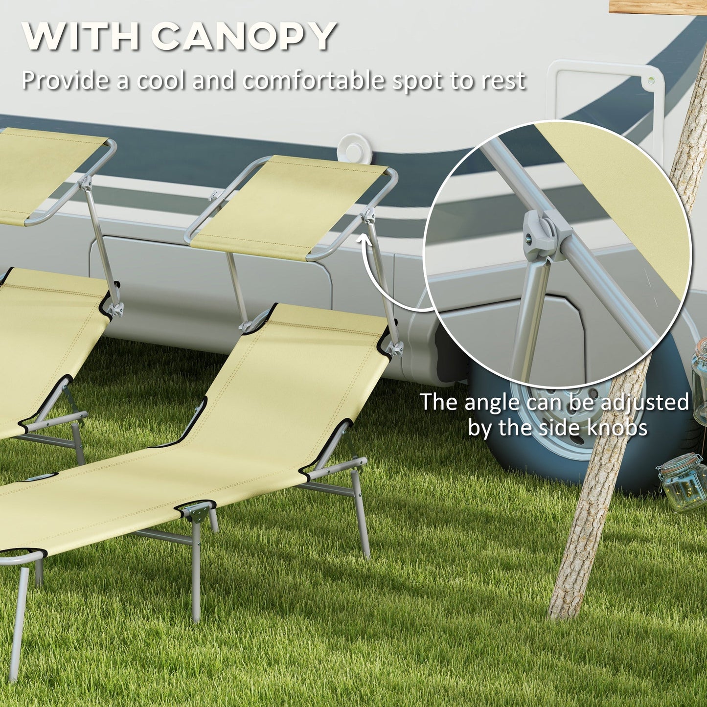 Outsunny Outdoor Foldable Sun Lounger Set of 2, 4 Level Adjustable Backrest Reclining Sun Lounger Chair with Angle Adjust Sun Shade Awning for Beach, Garden, Patio, Beige
