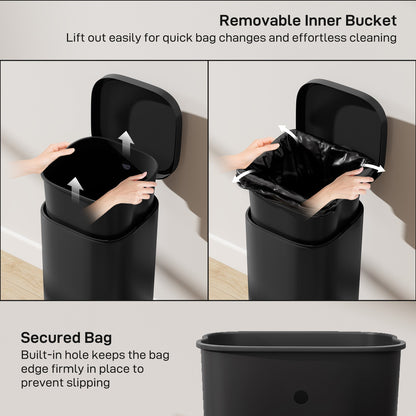 HOMCOM 30L Kitchen Bin, Compact Pedal Bin with Soft-Close and Stay-Open Lid, Removable Bucket for Kitchen, Home, Office, Black