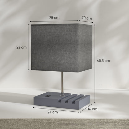 HOMCOM Bedside Lamp with USB A+C Charging Ports and 3 Phone Stands, Modern Table Lamp with Solid Wood Base and Fabric Shade for Bedroom Living Room Office, E27 Socket, Bulb Not Included, Grey