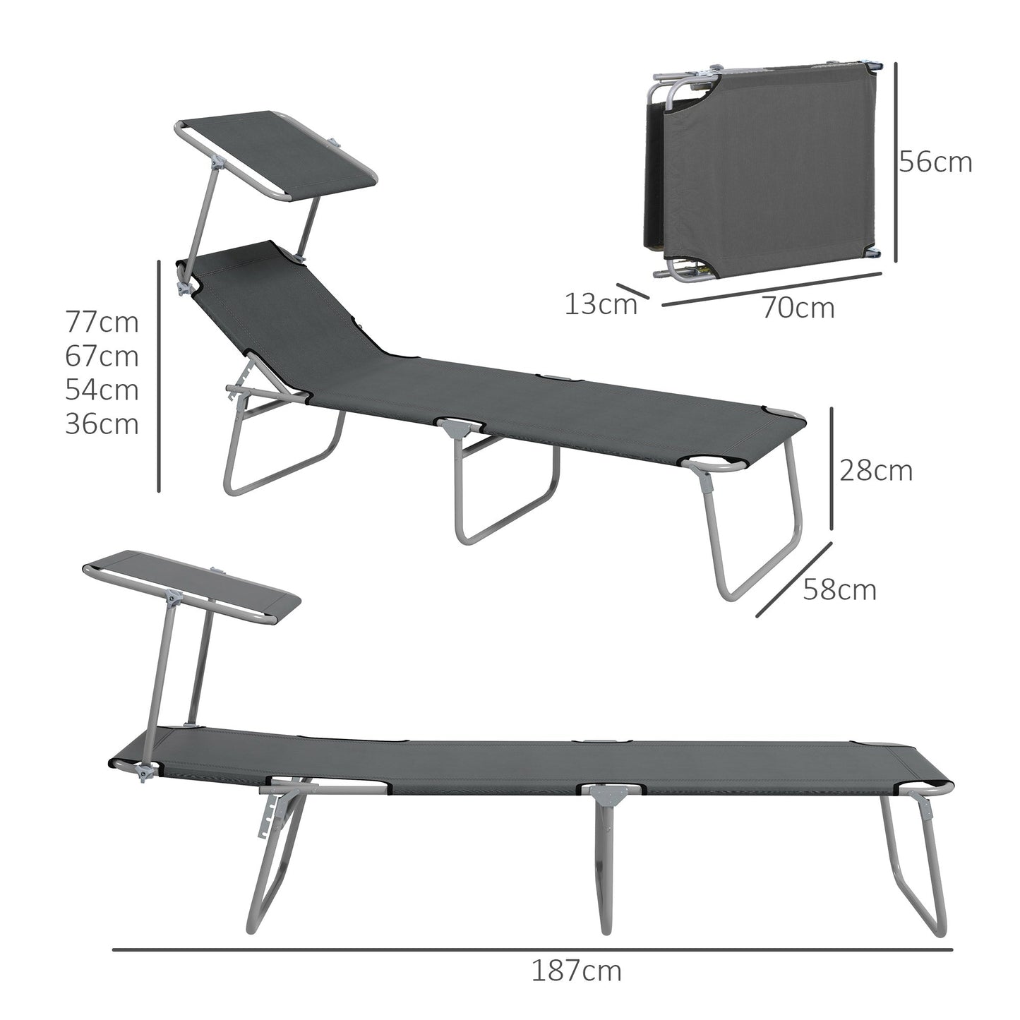 Outsunny Outdoor Foldable Sun Lounger Set of 2, 4 Level Adjustable Backrest Reclining Sun Lounger Chair with Angle Adjust Sun Shade Awning for Beach, Garden, Patio, Grey