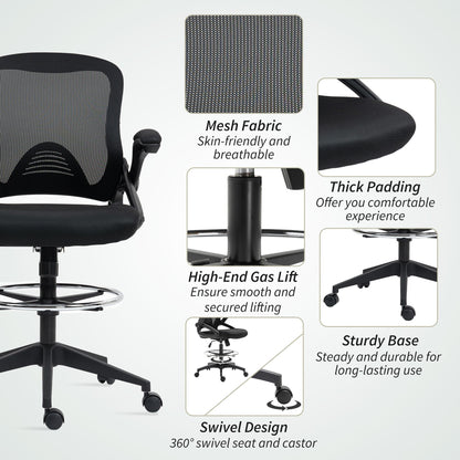 Vinsetto Drafting Chair with Flip-up Armrest, Mesh Office Stool with Foot Ring, 360° Swivel Height Adjustable Chair for Standing Desk, Black