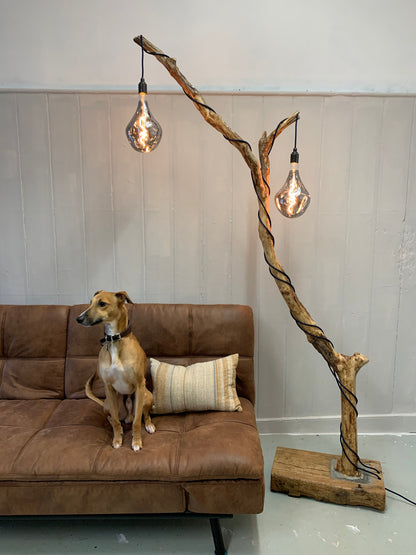 Charlotte – Double-Bulb Branch Floor Lamp with Reclaimed Timber Base