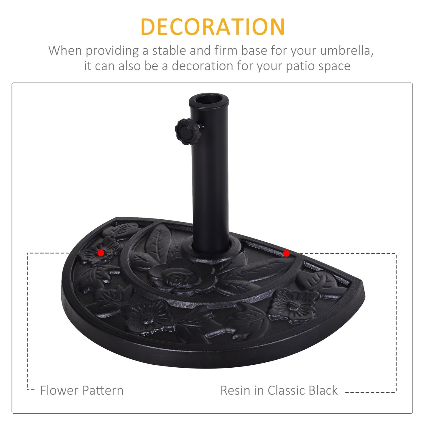 Outsunny 9kg Resin Parasol Base, Half Round Umbrella Stand with Floral Design for Garden, Outdoor, Suitable Umbrella Rod: \'ce\'a63.8cm, \'ce\'a64.8cm, Black