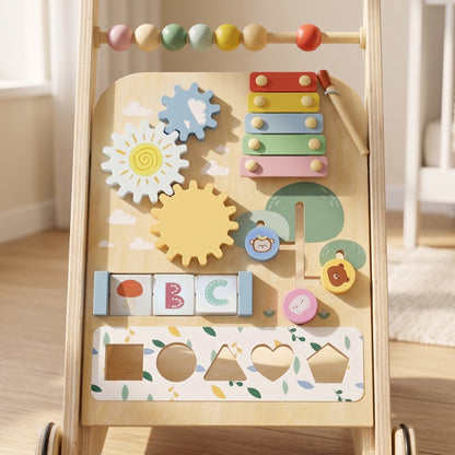 AIYAPLAY Wooden Baby Walker, Toddler Push Along Walker with Speed Control, Activity Centre and 5 Blocks for 18 Months+, Natural