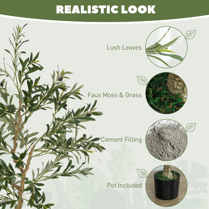 HOMCOM 5ft/ 150cm Decorative Artificial Plant, Silk Olive Tree with 720 Leaves and 32 Olive Fruits in Pot, Fake Plant for Home, Office, Living Room, Indoor Decor
