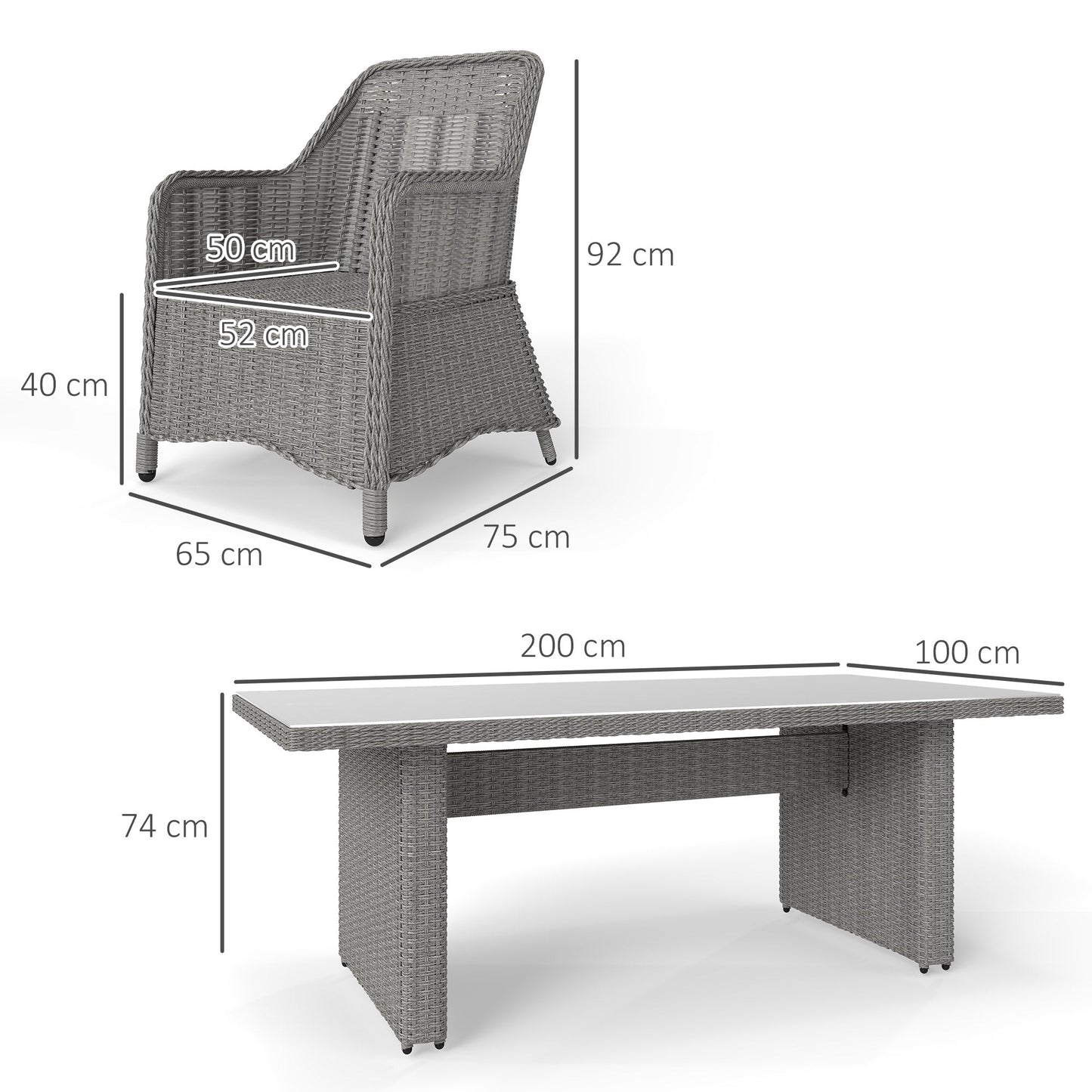 Outsunny 6 Seater Rattan Dining Set, Round PE Rattan Garden Furniture Set with Seat and Back Cushions, Aluminium Outdoor Dining Table and Chairs with 6 Armchairs, Rectangular Glass Top Table, Grey