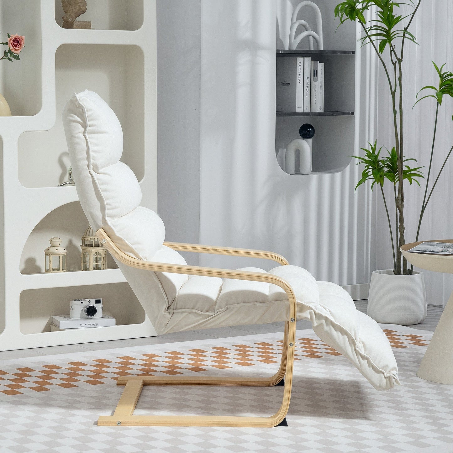 HOMCOM Curved Wooden Accent Chair, with Adjustable Footrest - Cream White