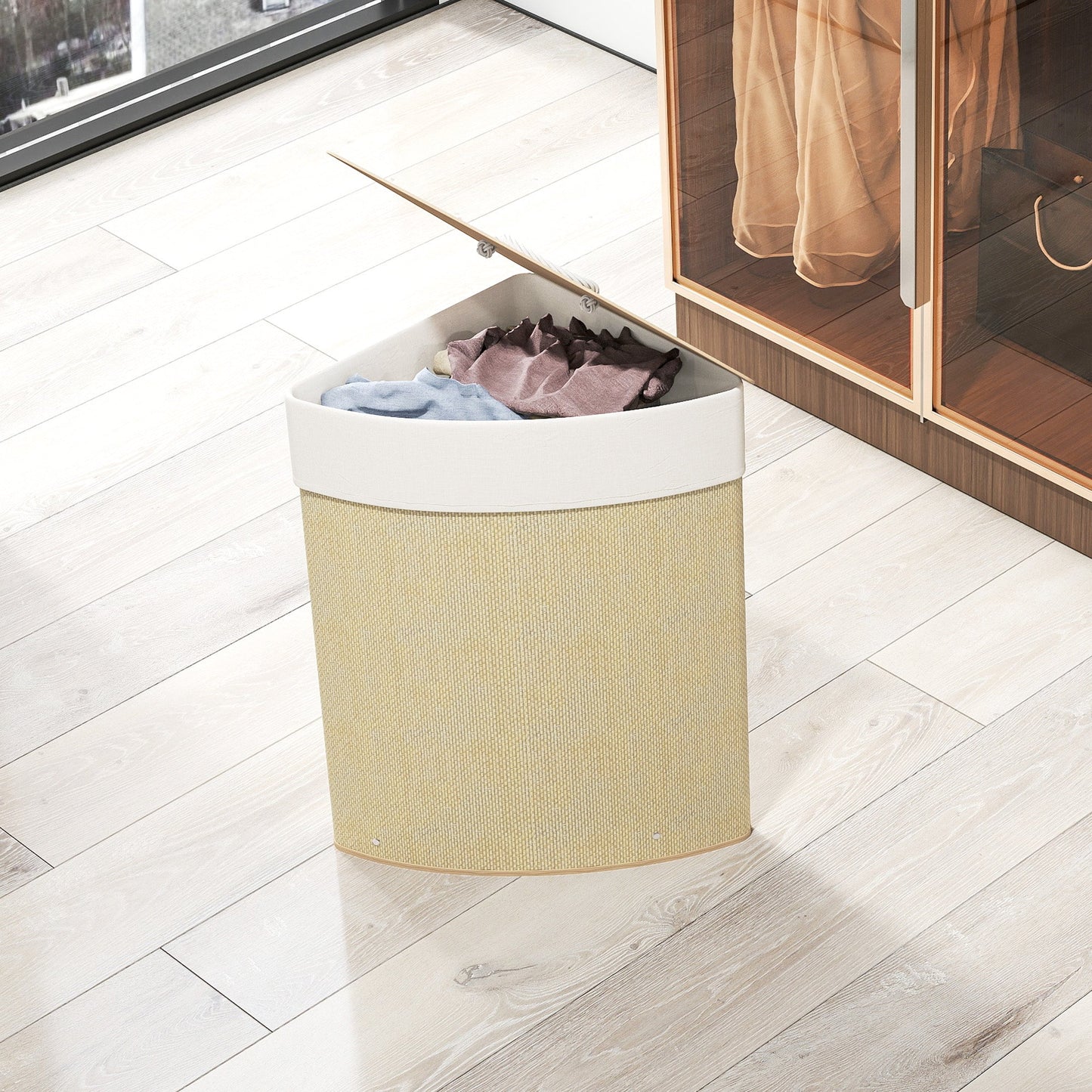 HOMCOM Bamboo Laundry Basket with Lid, 55L Corner Laundry Hamper with Removable Washable Liner Bag, Bathroom Triangle Washing Basket, 35 x 35 x 60 cm, Nature Wood Finish