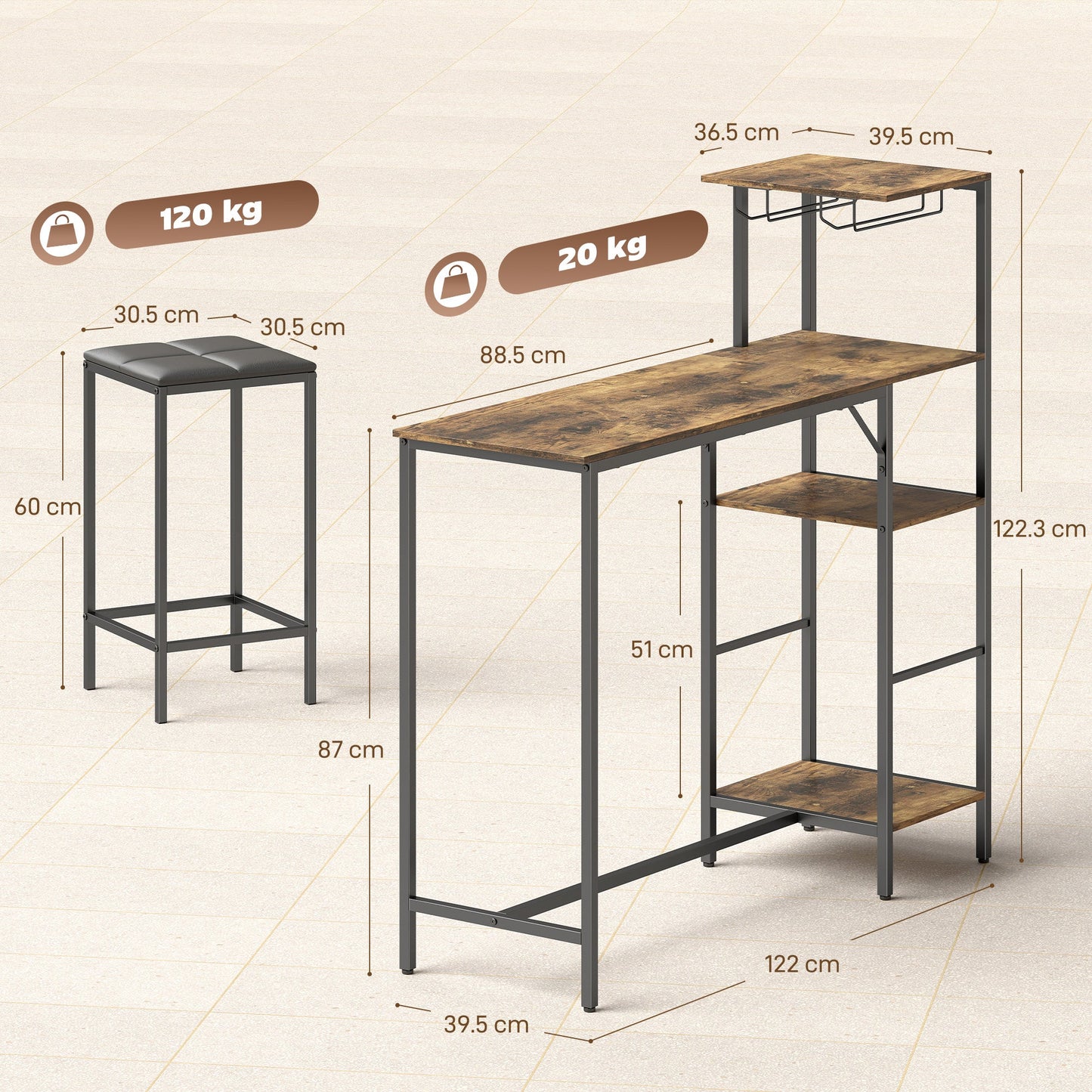 HOMCOM 3 Piece Breakfast Bar Table and Stools Set, Rustic Brown