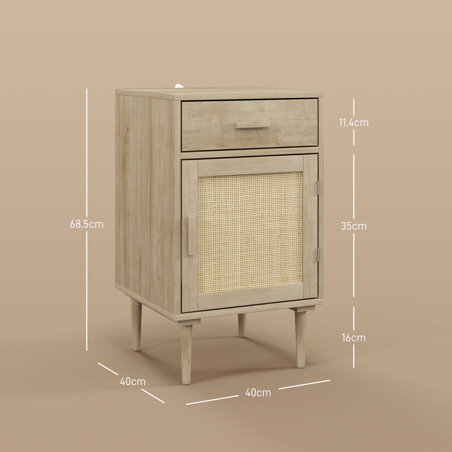 HOMCOM Bedside Tables Set of 2, Rattan Side Tables with Drawer, Cabinet and Adjustable Shelf, Boho Bedside Cabinets with Storage for Bedroom, Living Room, Natural Wood Finish