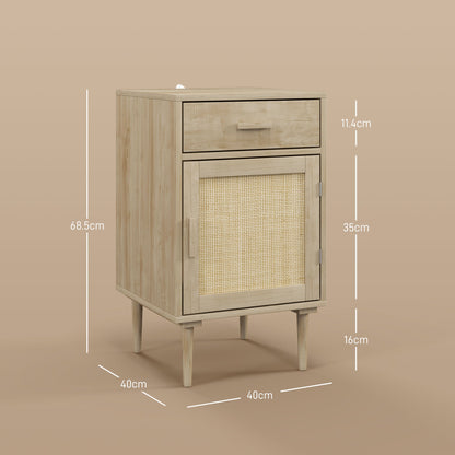 HOMCOM Bedside Tables Set of 2, Rattan Side Tables with Drawer, Cabinet and Adjustable Shelf, Boho Bedside Cabinets with Storage for Bedroom, Living Room, Natural Wood Finish