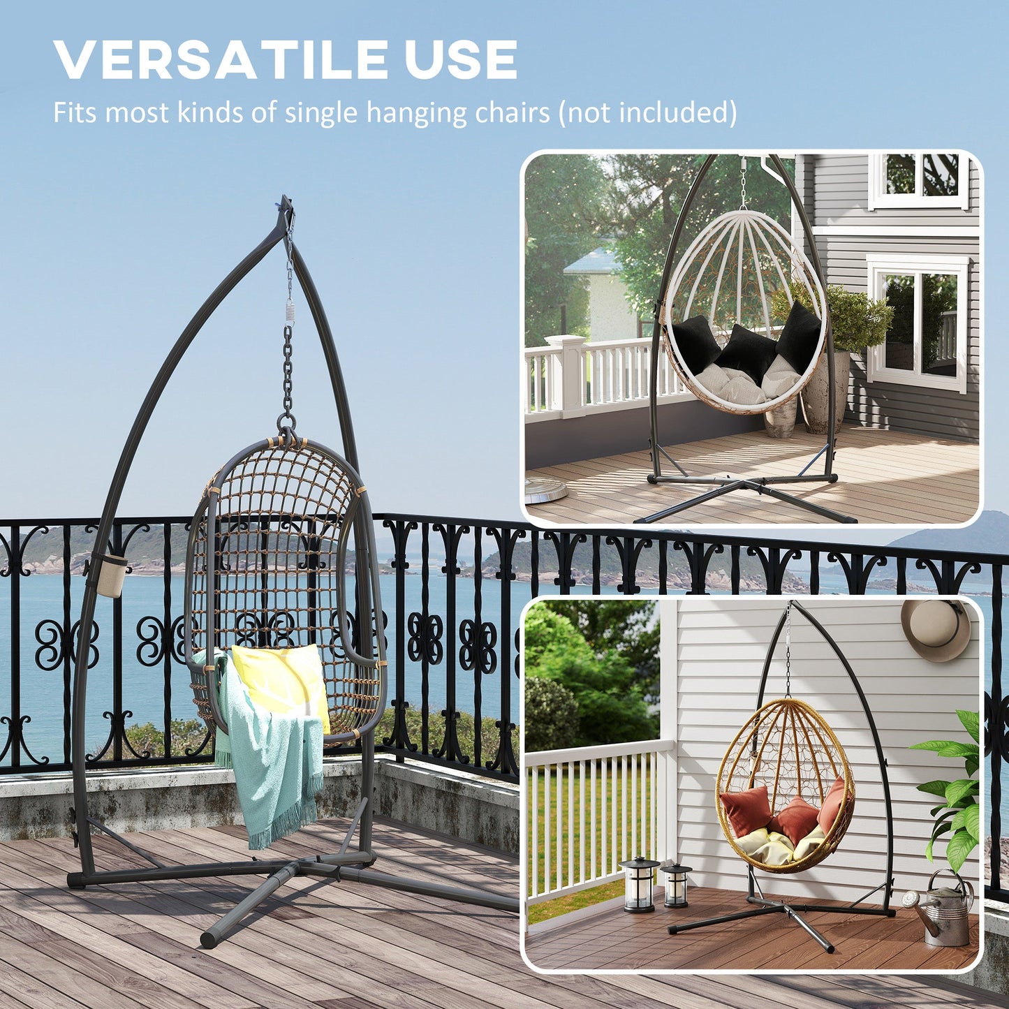Outsunny Hammock Chair Stand Only, Hanging Chair Stand with X-Shape Base, Heavy Duty Steel Single Hammock Egg Swing Frame for Indoor Outdoor, 150 KG Load Capacity Black