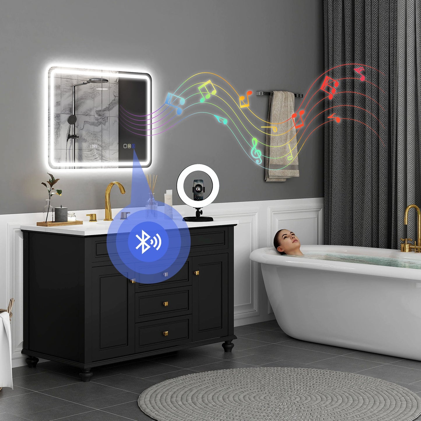 HOMCOM 60 x 80 cm Bluetooth LED Bathroom Mirror with Clock Anti-Fog - Silver Tone