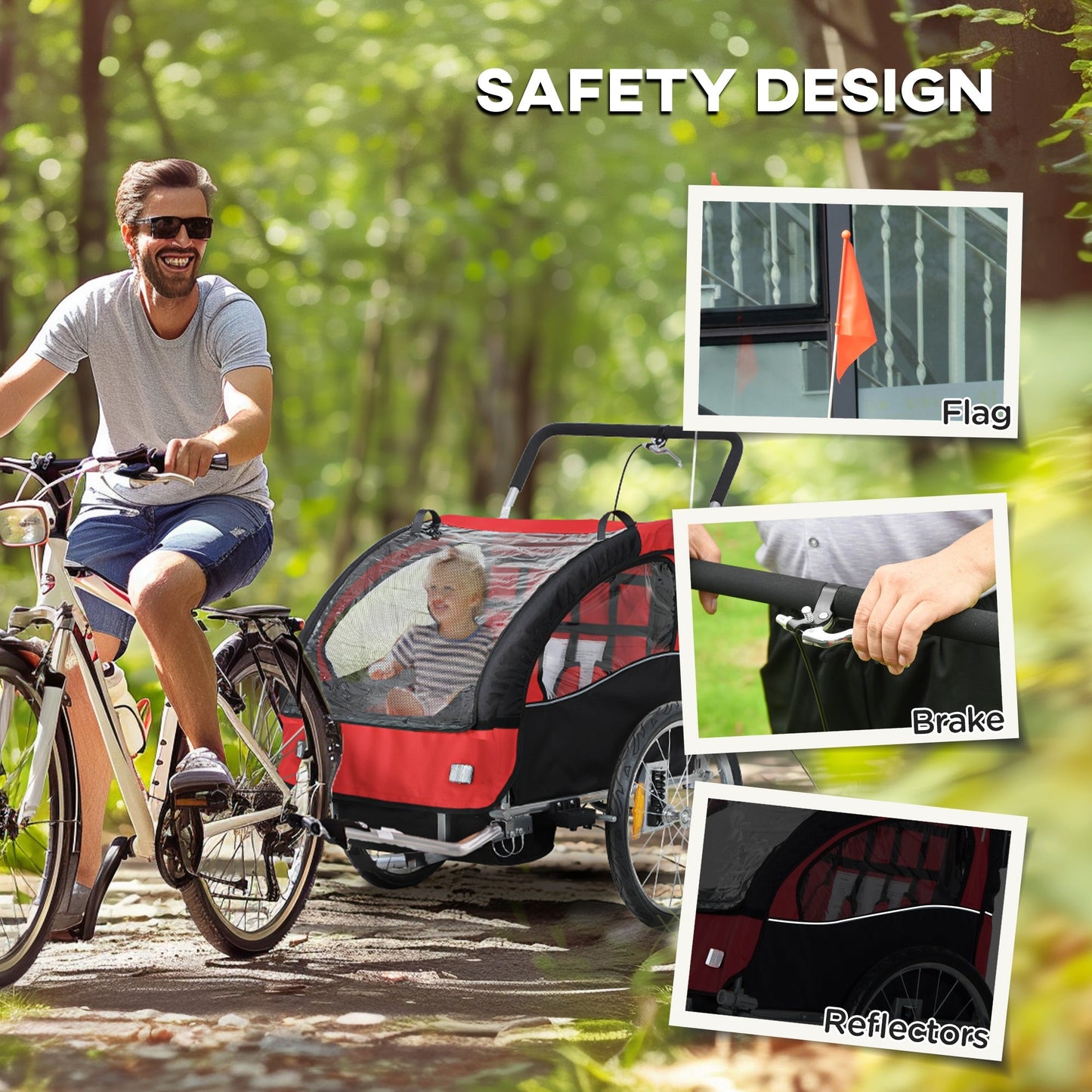 HOMCOM 2 Seat Bike Trailer with 5 Point Harness, Baby Bike Stroller with Safety Flag, Reflectors, for 18+ Months, Red