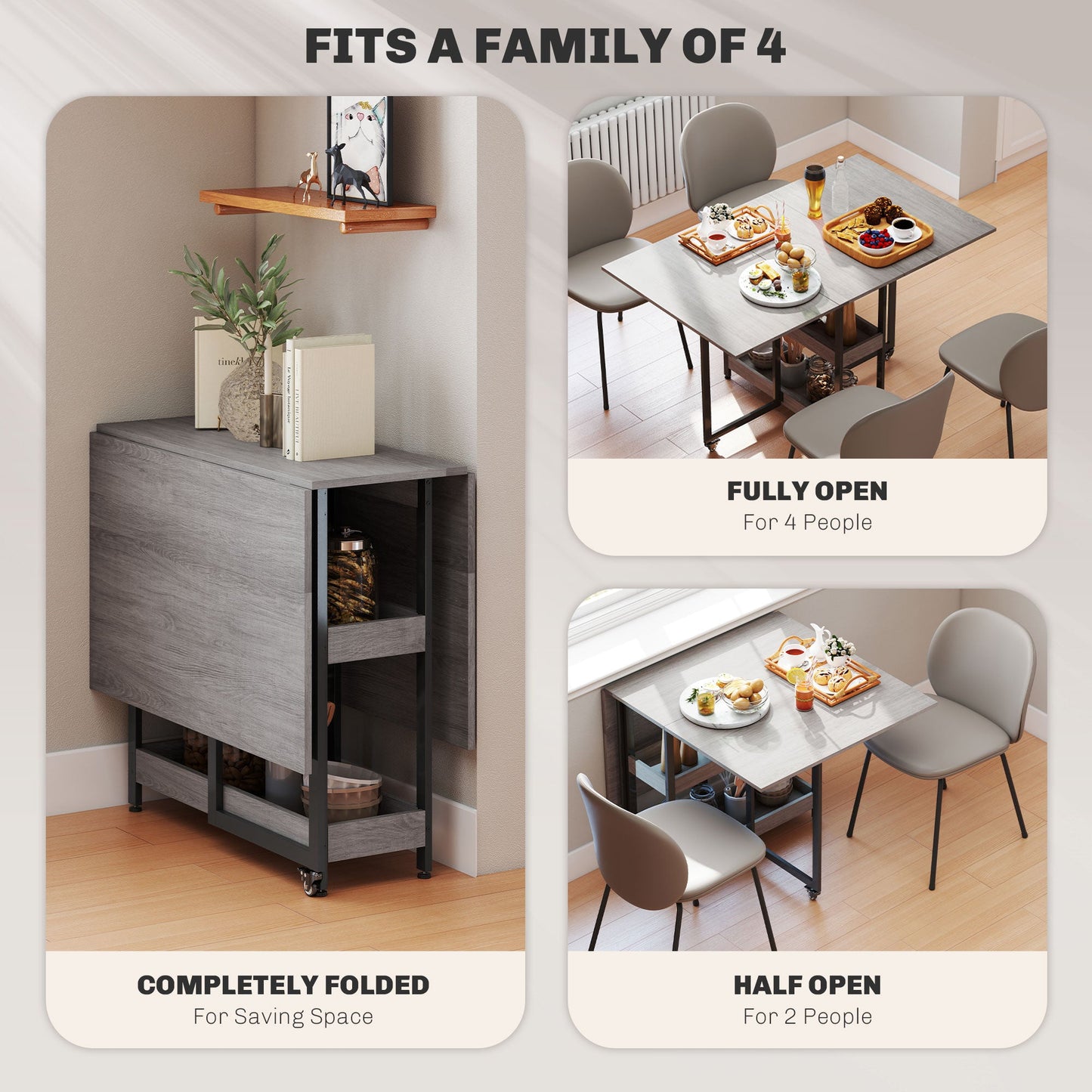 HOMCOM Industrial Folding Dining Table, Drop Leaf Table with Open Compartments for Small Spaces, Kitchen, Dining Room, Grey