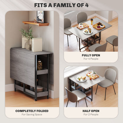HOMCOM Industrial Folding Dining Table, Drop Leaf Table with Open Compartments for Small Spaces, Kitchen, Dining Room, Grey