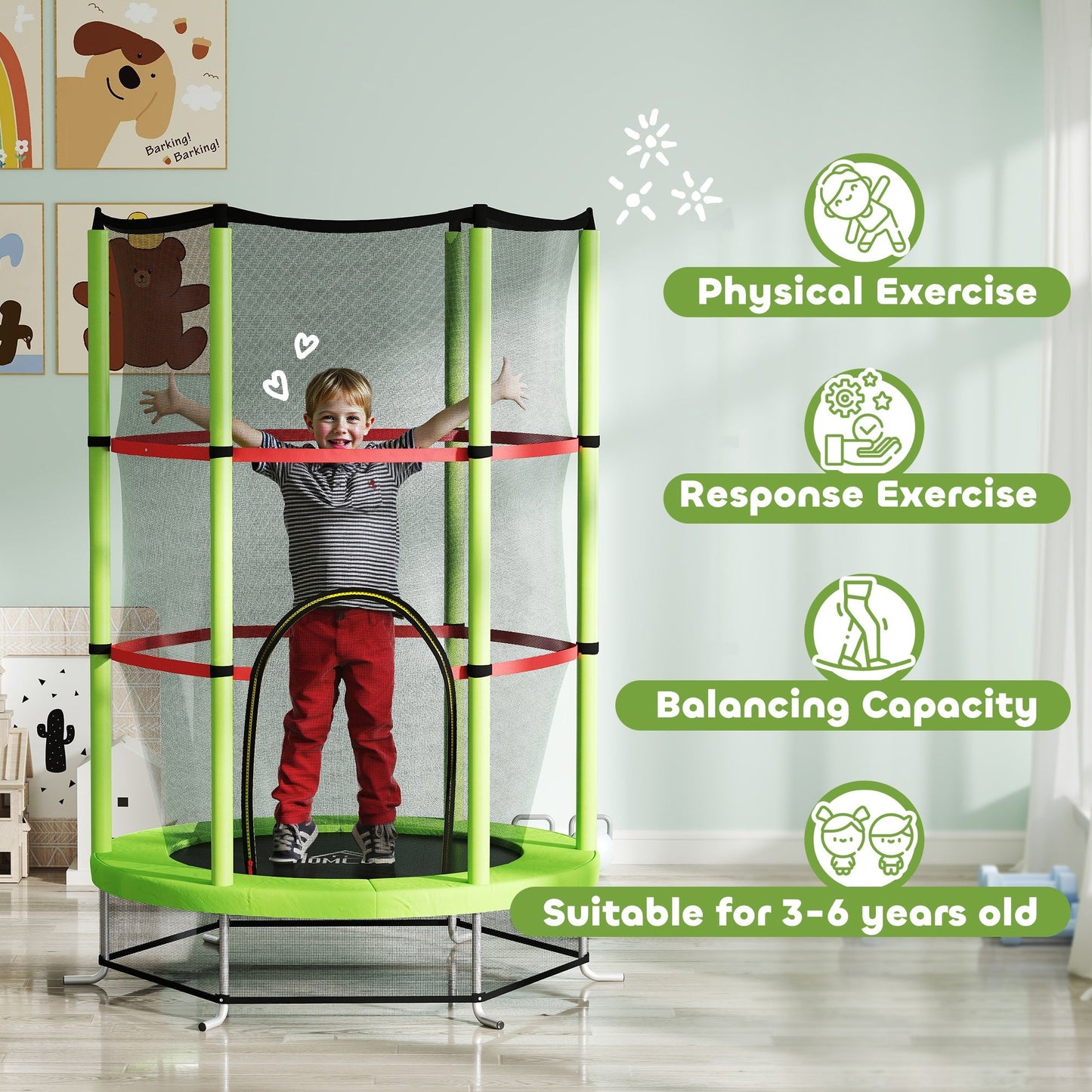 HOMCOM Kids Trampoline, with Enclosure Net, Steel Frame, for Ages 3-6 Years - Green