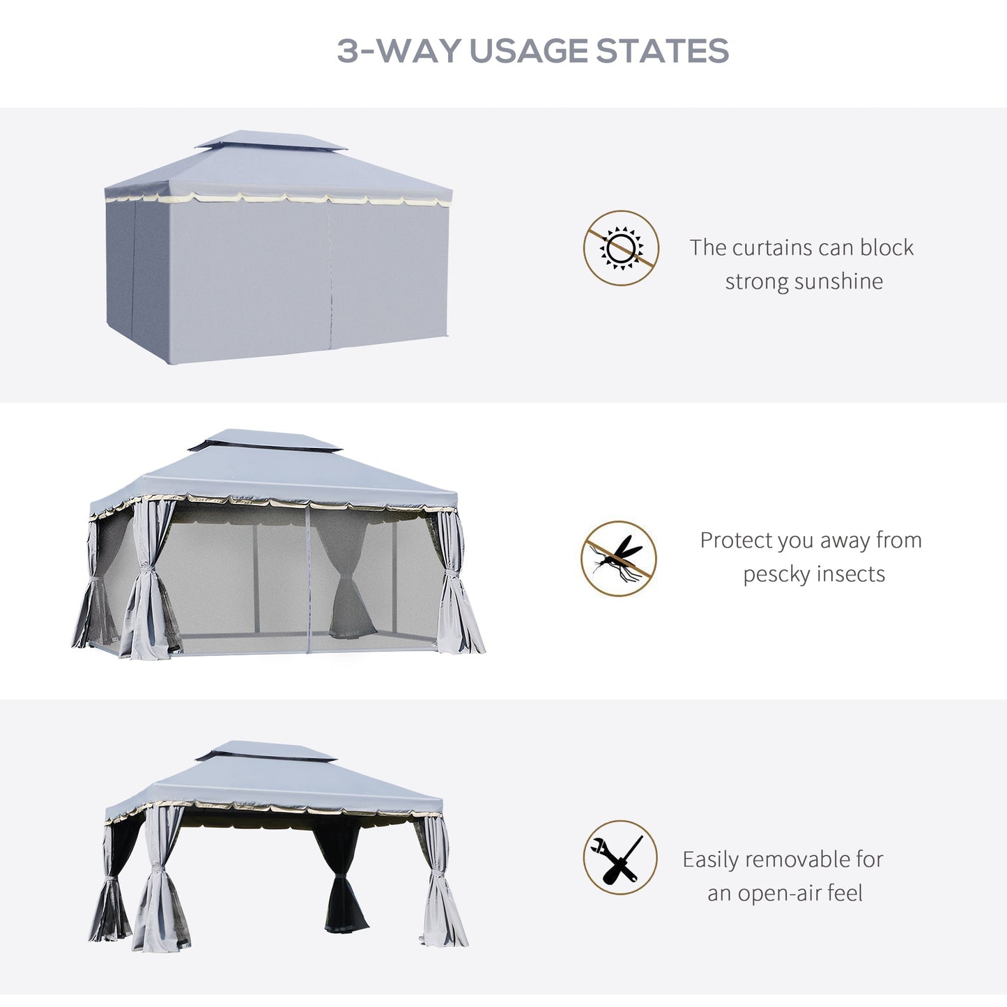 Outsunny 3 x 4m Aluminium Garden\'c2\'a0Gazebo, Marquee Canopy Shelter Pavilion Party Tent with Nets and Curtains for Garden and Deck, Grey