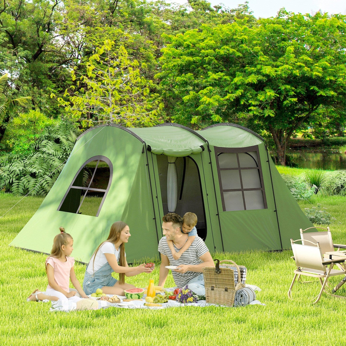 Outsunny 3-4 Man Tunnel Tent, Family Camping Tent with Porch, Bedroom and Living Area, Sewn in Groundsheet, 3000mm Waterproof, Portable with Bag for Hiking, Festival, Backpacking, Green