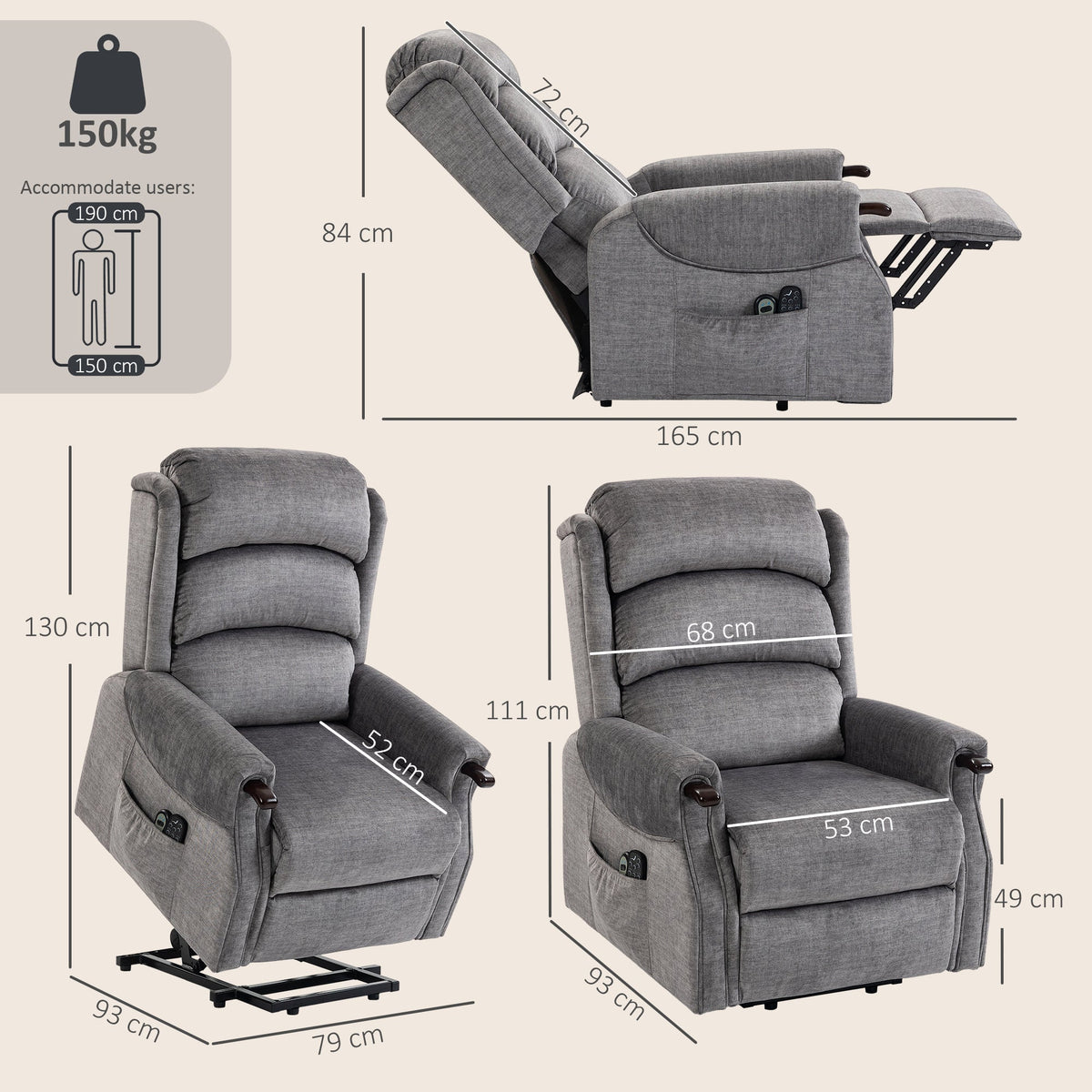 HOMCOM Power Lift Recliner with Vibration Massage and Heat, Lift Chair for Tall with Wood Grip, Pocket Spring, Light Grey