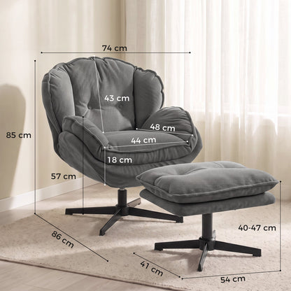 HOMCOM Armchair with Adjustable Footstool, 360-Degree Swivel Chenille Cloud Accent Chair with Thick Cushion, Steel Base, Grey