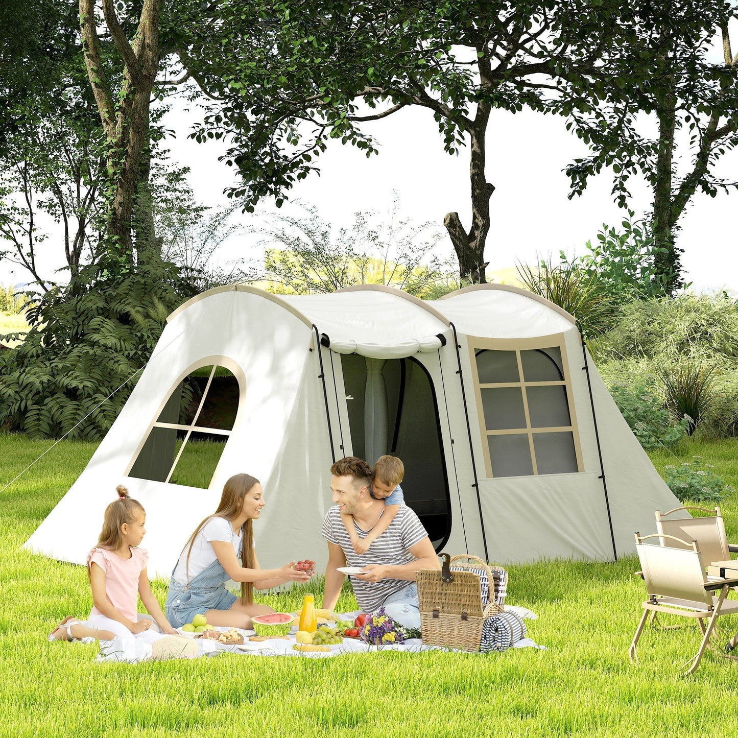 Outsunny 3-4 Man Tunnel Tent, Family Camping Tent with Porch, Bedroom and Living Area, Sewn in Groundsheet, 3000mm Waterproof, Portable with Bag for Hiking, Festival, Backpacking, Khaki