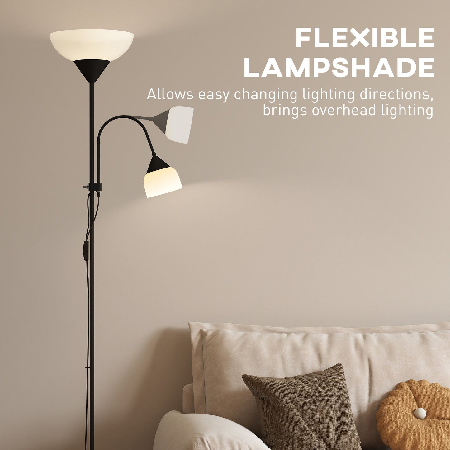 HOMCOM LED Floor Lamp for Living Room, 180cm Tall Standing Lamp, Mother and Child Uplighter with Adjustable Gooseneck, 3000K/4500K/6500K Colour Temperatures, Black