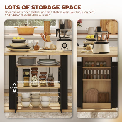 HOMCOM Kitchen Island with Spice Rack, Kitchen Storage with Large Tabletop for 4 People, Adjustable Shelves Black & Natural