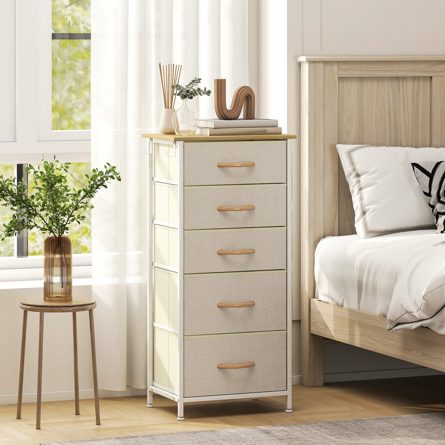 HOMCOM Chest of Five Fabric Drawers - Beige