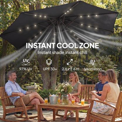 Outsunny 2.6 m Garden Parasol Umbrella with LED Solar Light, Parasol Cover, Outdoor Market Patio Umbrella, Black